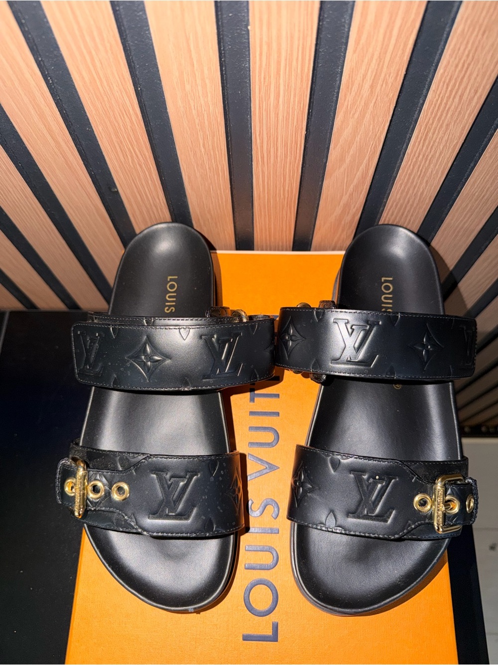 Louis Vuitton Black Embossed Monogram Double-Strap Slide Sandals - Picture 2 of 15